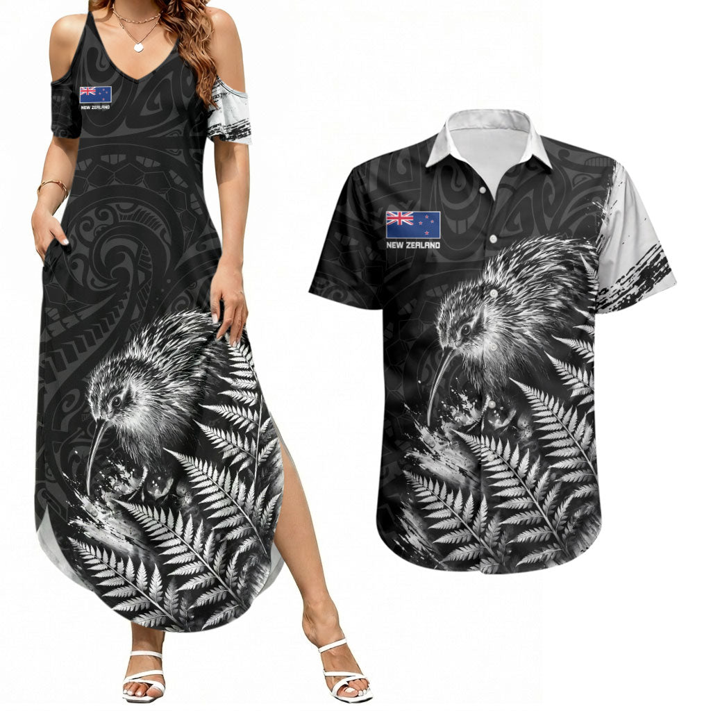 Personalized New Zealand Kiwi Bird Couples Matching Summer Maxi Dress and Hawaiian Shirt Grunge Maori Tribal Pattern Silver Fern