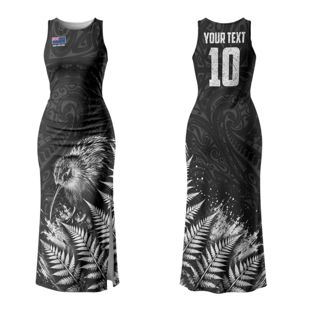 Personalized New Zealand Kiwi Bird Couples Matching Tank Maxi Dress and Hawaiian Shirt Grunge Maori Tribal Pattern Silver Fern