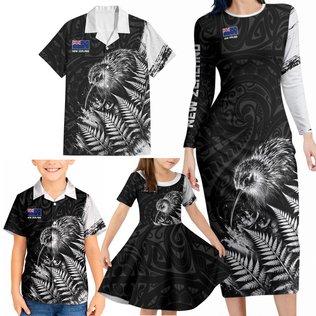 Personalized New Zealand Kiwi Bird Family Matching Long Sleeve Bodycon Dress and Hawaiian Shirt Grunge Maori Tribal Pattern Silver Fern