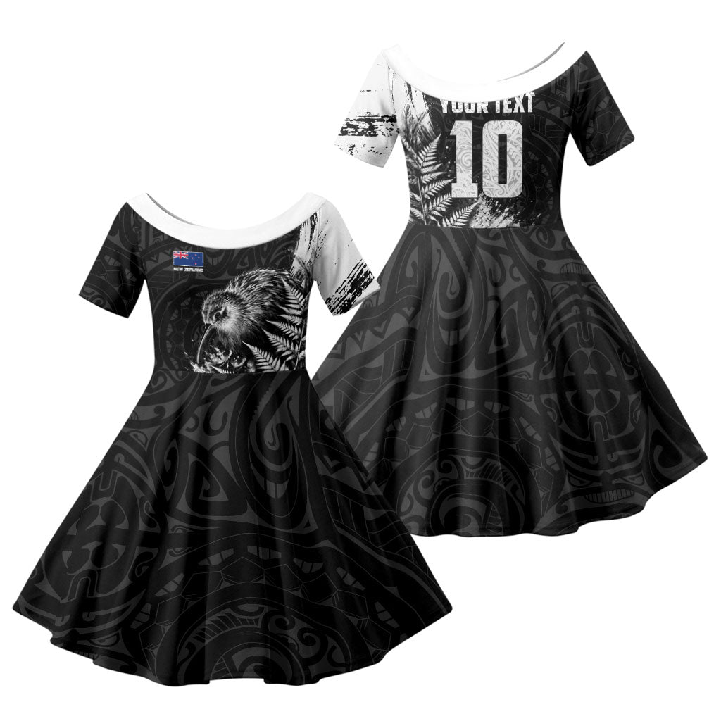 Personalized New Zealand Kiwi Bird Family Matching Long Sleeve Bodycon Dress and Hawaiian Shirt Grunge Maori Tribal Pattern Silver Fern