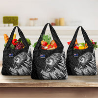 Personalized New Zealand Kiwi Bird Grocery Bag Grunge Maori Tribal Pattern Silver Fern