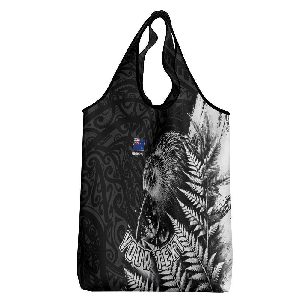 Personalized New Zealand Kiwi Bird Grocery Bag Grunge Maori Tribal Pattern Silver Fern