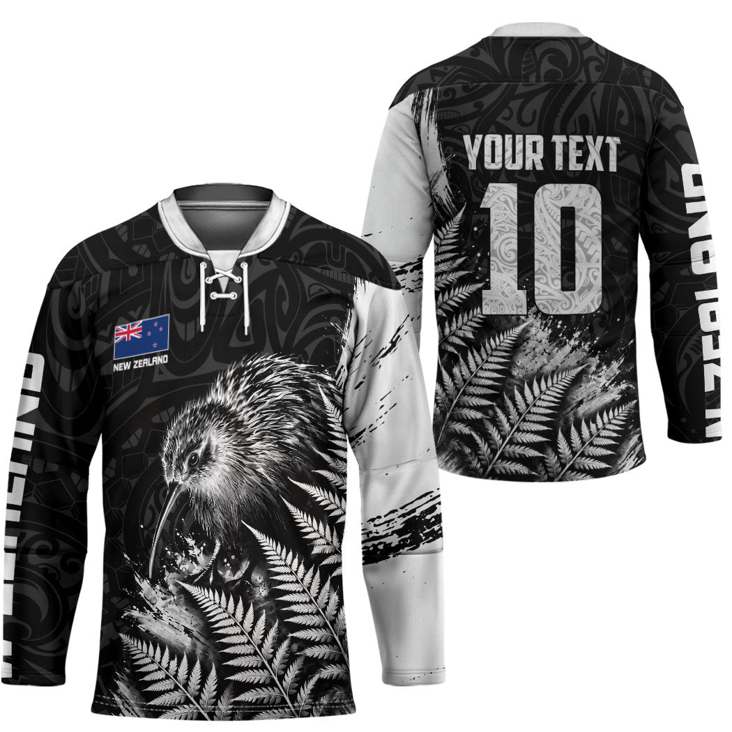 Personalized New Zealand Kiwi Bird Hockey Jersey Grunge Maori Tribal Pattern Silver Fern