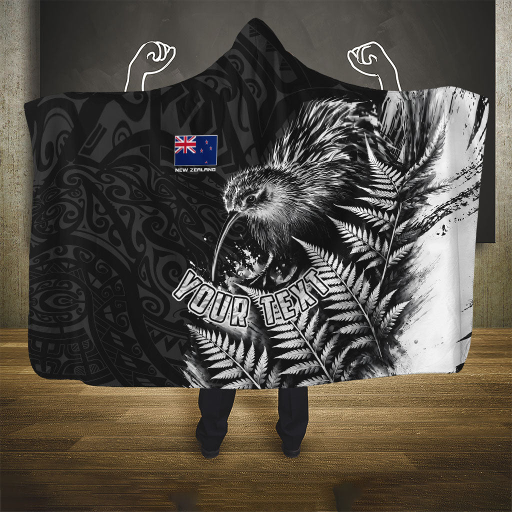 Personalized New Zealand Kiwi Bird Hooded Blanket Grunge Maori Tribal Pattern Silver Fern