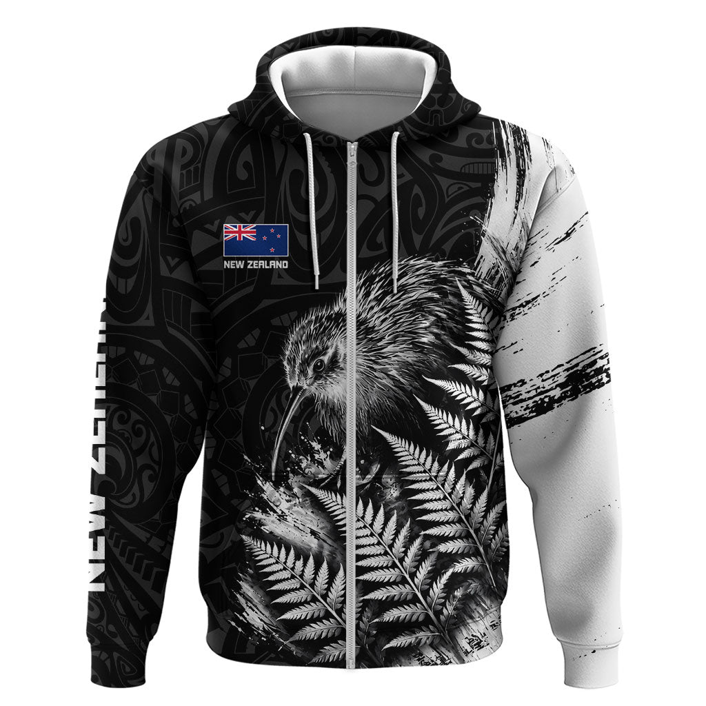 Personalized New Zealand Kiwi Bird Hoodie Grunge Maori Tribal Pattern Silver Fern