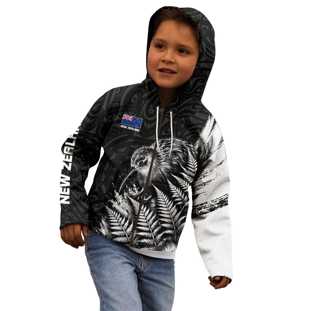 Personalized New Zealand Kiwi Bird Kid Hoodie Grunge Maori Tribal Pattern Silver Fern