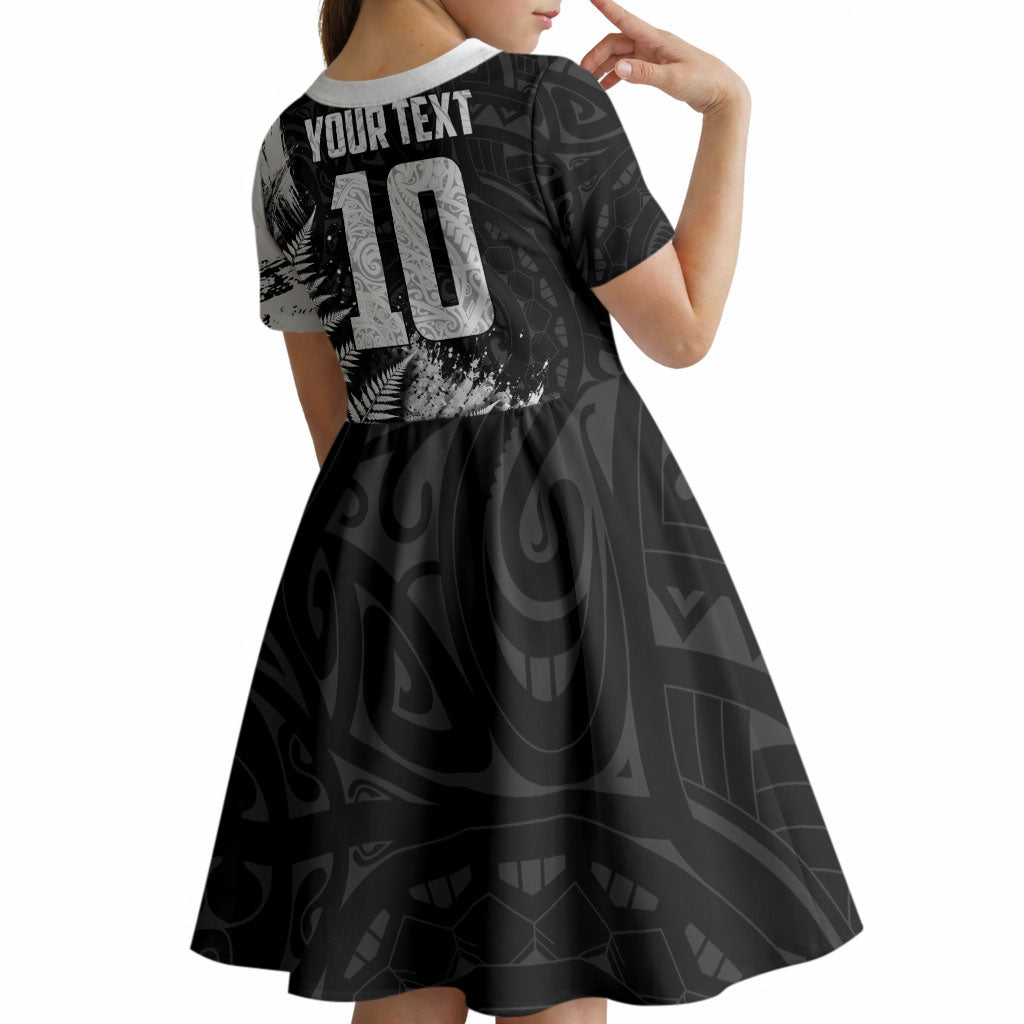 Personalized New Zealand Kiwi Bird Kid Short Sleeve Dress Grunge Maori Tribal Pattern Silver Fern
