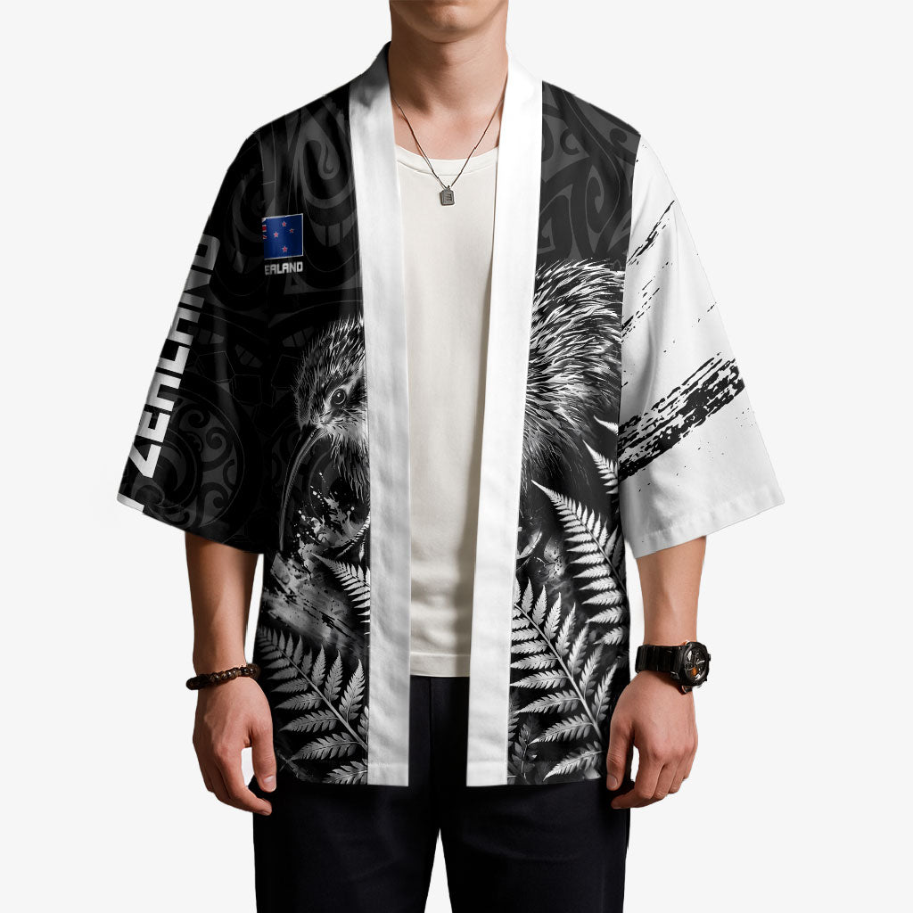 Personalized New Zealand Kiwi Bird Kimono Grunge Maori Tribal Pattern Silver Fern
