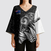 Personalized New Zealand Kiwi Bird Kimono Sleeve Blouse Grunge Maori Tribal Pattern Silver Fern