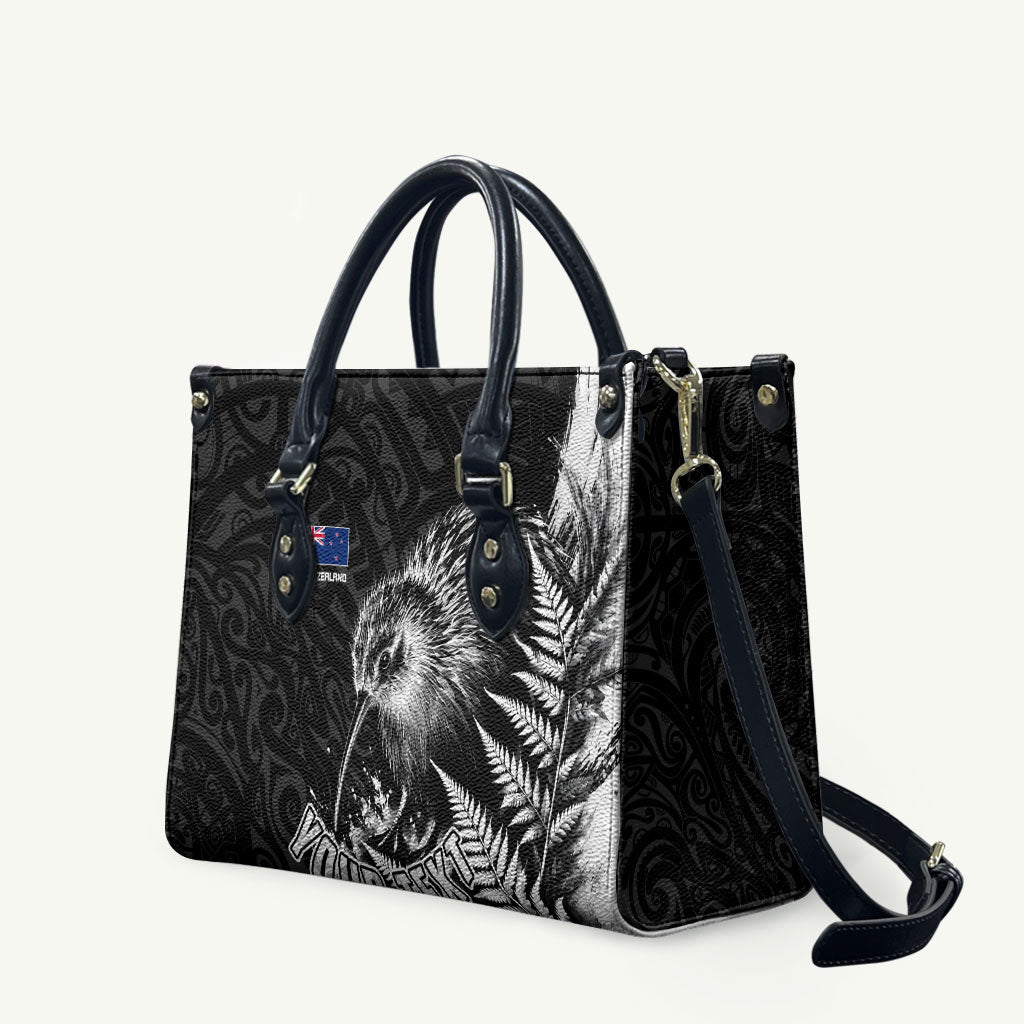 Personalized New Zealand Kiwi Bird Leather Bag Grunge Maori Tribal Pattern Silver Fern
