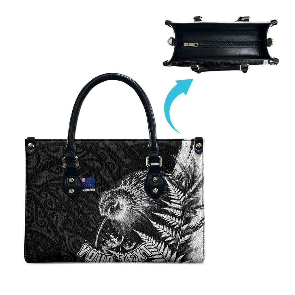 Personalized New Zealand Kiwi Bird Leather Bag Grunge Maori Tribal Pattern Silver Fern
