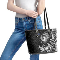 Personalized New Zealand Kiwi Bird Leather Tote Bag Grunge Maori Tribal Pattern Silver Fern