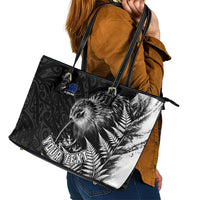 Personalized New Zealand Kiwi Bird Leather Tote Bag Grunge Maori Tribal Pattern Silver Fern