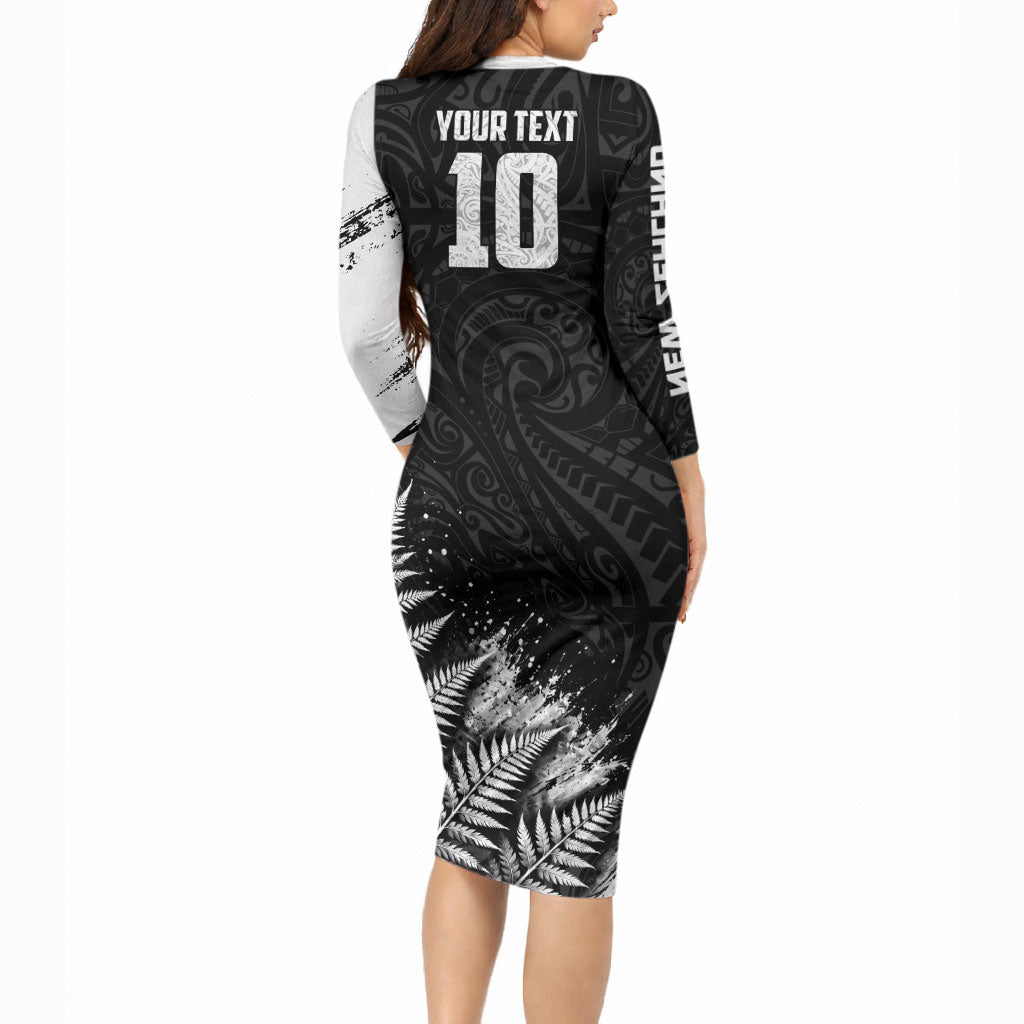 Personalized New Zealand Kiwi Bird Long Sleeve Bodycon Dress Grunge Maori Tribal Pattern Silver Fern