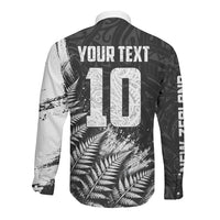 Personalized New Zealand Kiwi Bird Long Sleeve Button Shirt Grunge Maori Tribal Pattern Silver Fern