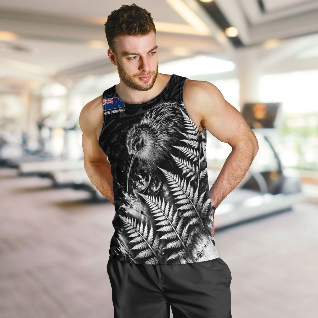 Personalized New Zealand Kiwi Bird Men Tank Top Grunge Maori Tribal Pattern Silver Fern TS04 Black White - Polynesian Pride