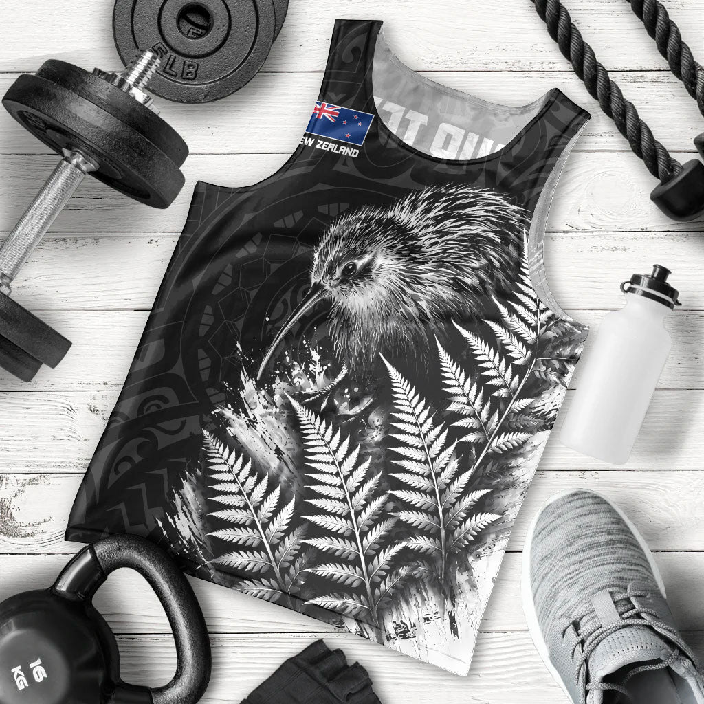 Personalized New Zealand Kiwi Bird Men Tank Top Grunge Maori Tribal Pattern Silver Fern