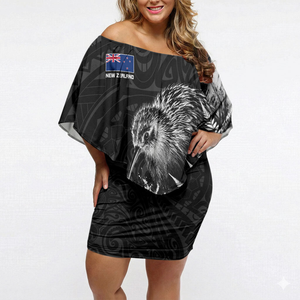 Personalized New Zealand Kiwi Bird Off Shoulder Short Dress Grunge Maori Tribal Pattern Silver Fern