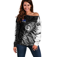 Personalized New Zealand Kiwi Bird Off Shoulder Sweater Grunge Maori Tribal Pattern Silver Fern