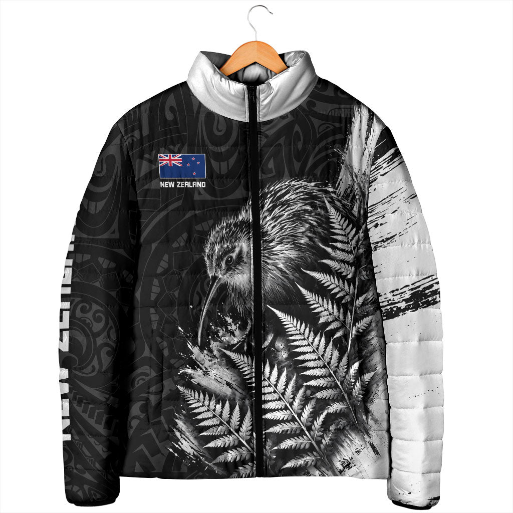 Personalized New Zealand Kiwi Bird Padded Jacket Grunge Maori Tribal Pattern Silver Fern