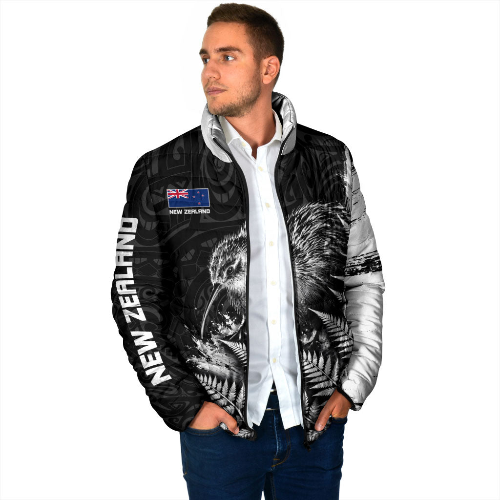 Personalized New Zealand Kiwi Bird Padded Jacket Grunge Maori Tribal Pattern Silver Fern