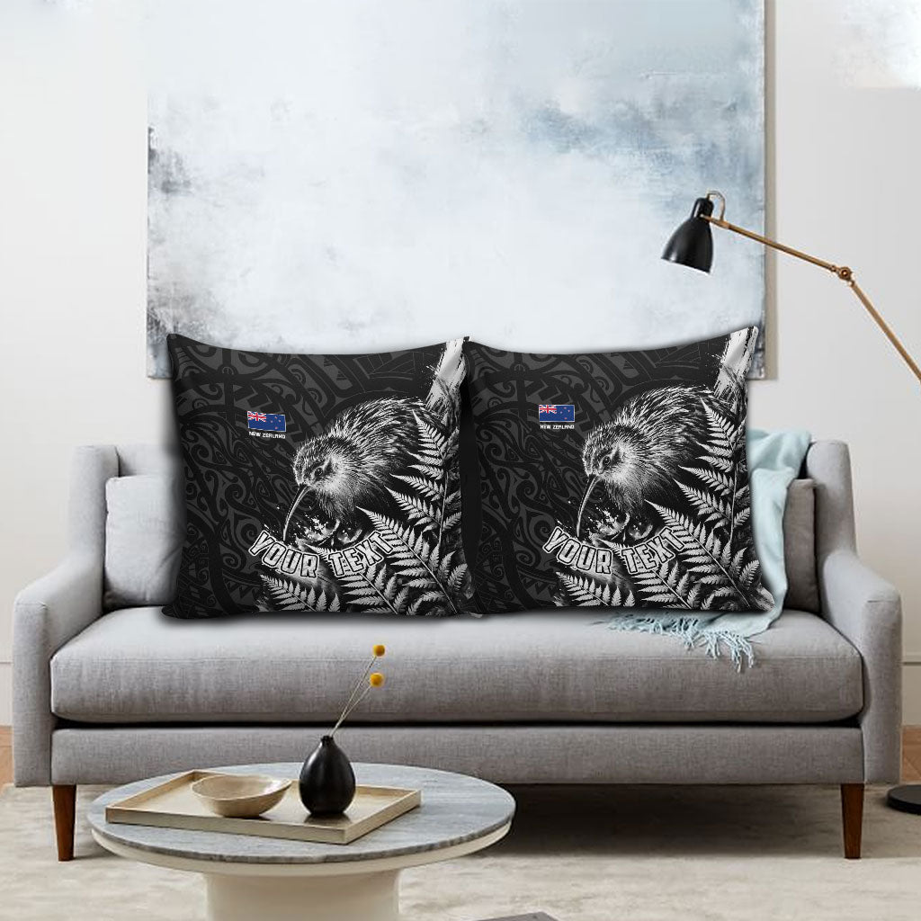 Personalized New Zealand Kiwi Bird Pillow Cover Grunge Maori Tribal Pattern Silver Fern