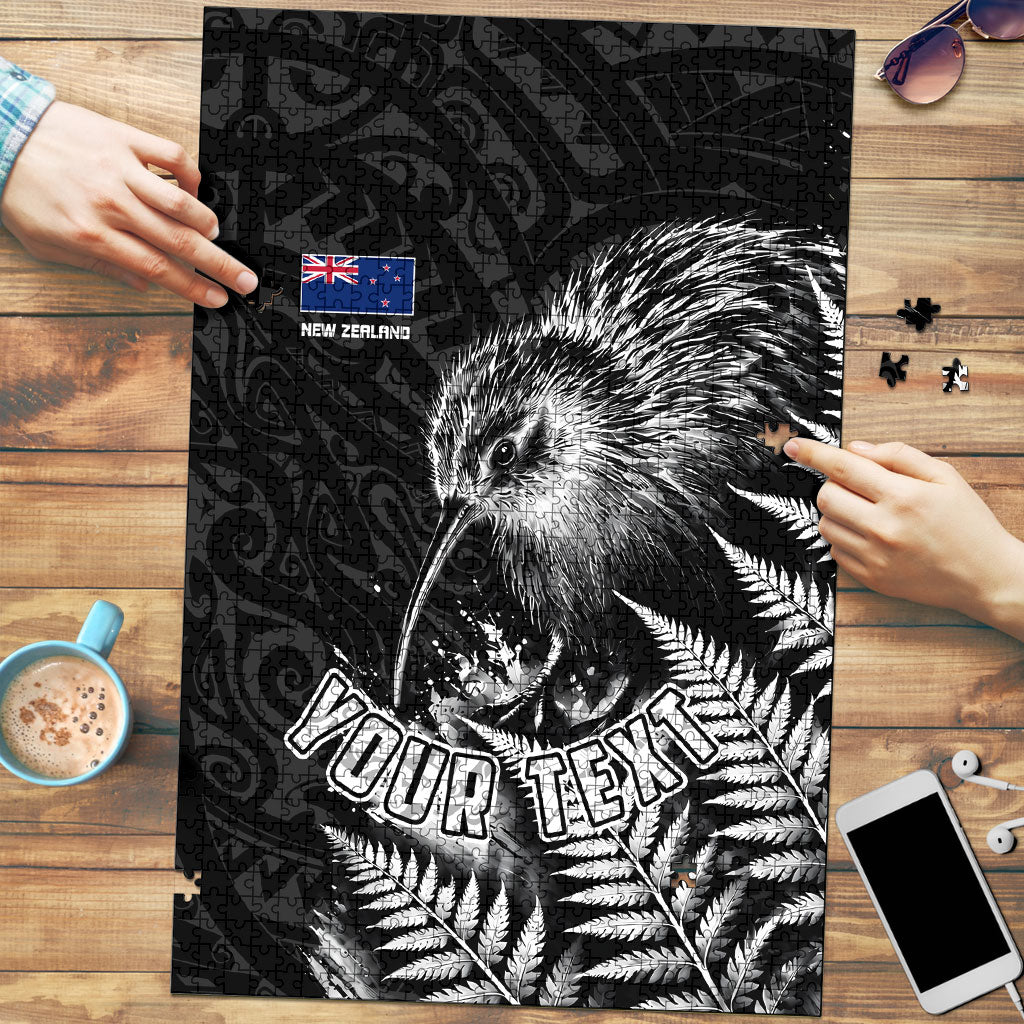 Personalized New Zealand Kiwi Bird Puzzle Grunge Maori Tribal Pattern Silver Fern TS04 Black White - Polynesian Pride