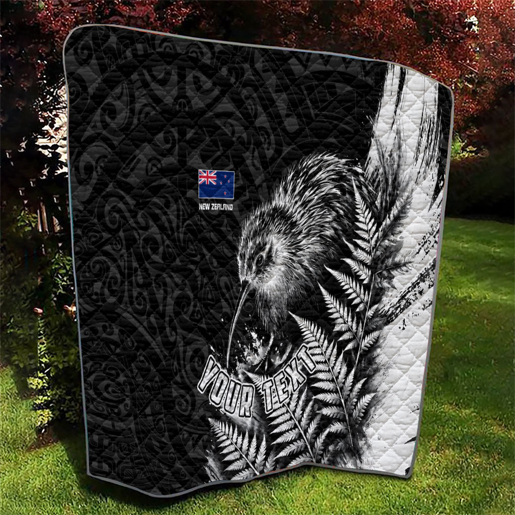 Personalized New Zealand Kiwi Bird Quilt Grunge Maori Tribal Pattern Silver Fern