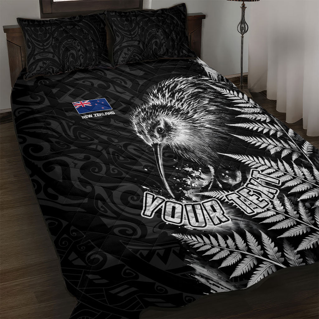 Personalized New Zealand Kiwi Bird Quilt Bed Set Grunge Maori Tribal Pattern Silver Fern