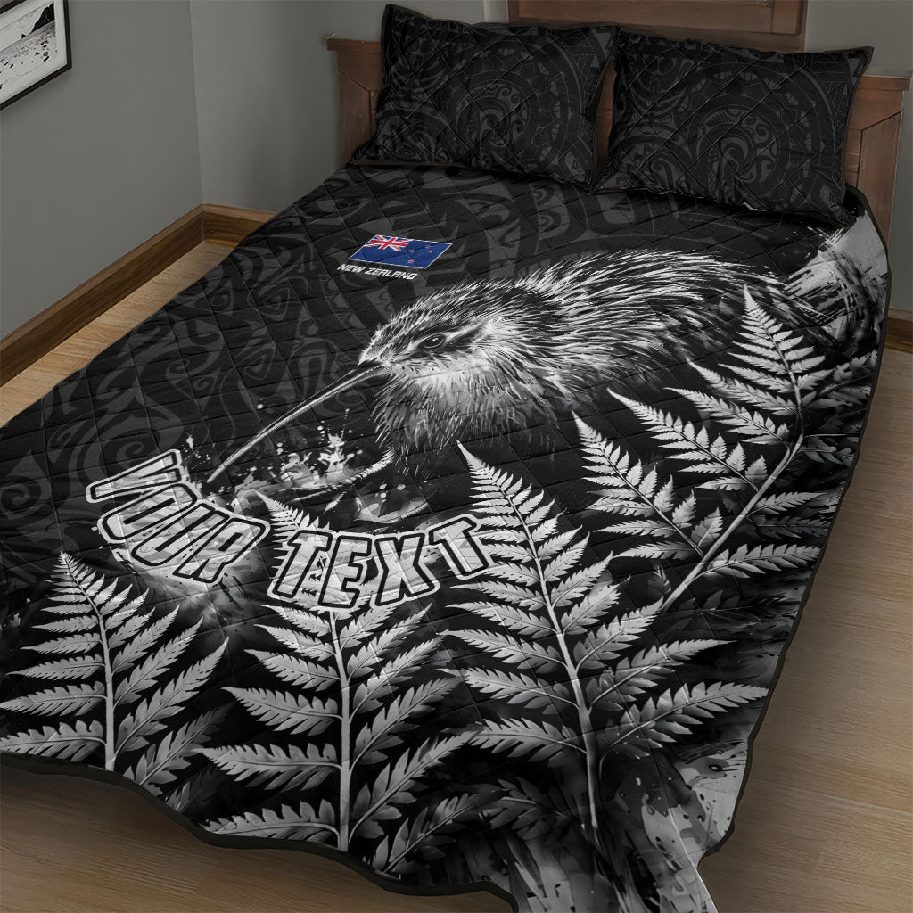 Personalized New Zealand Kiwi Bird Quilt Bed Set Grunge Maori Tribal Pattern Silver Fern