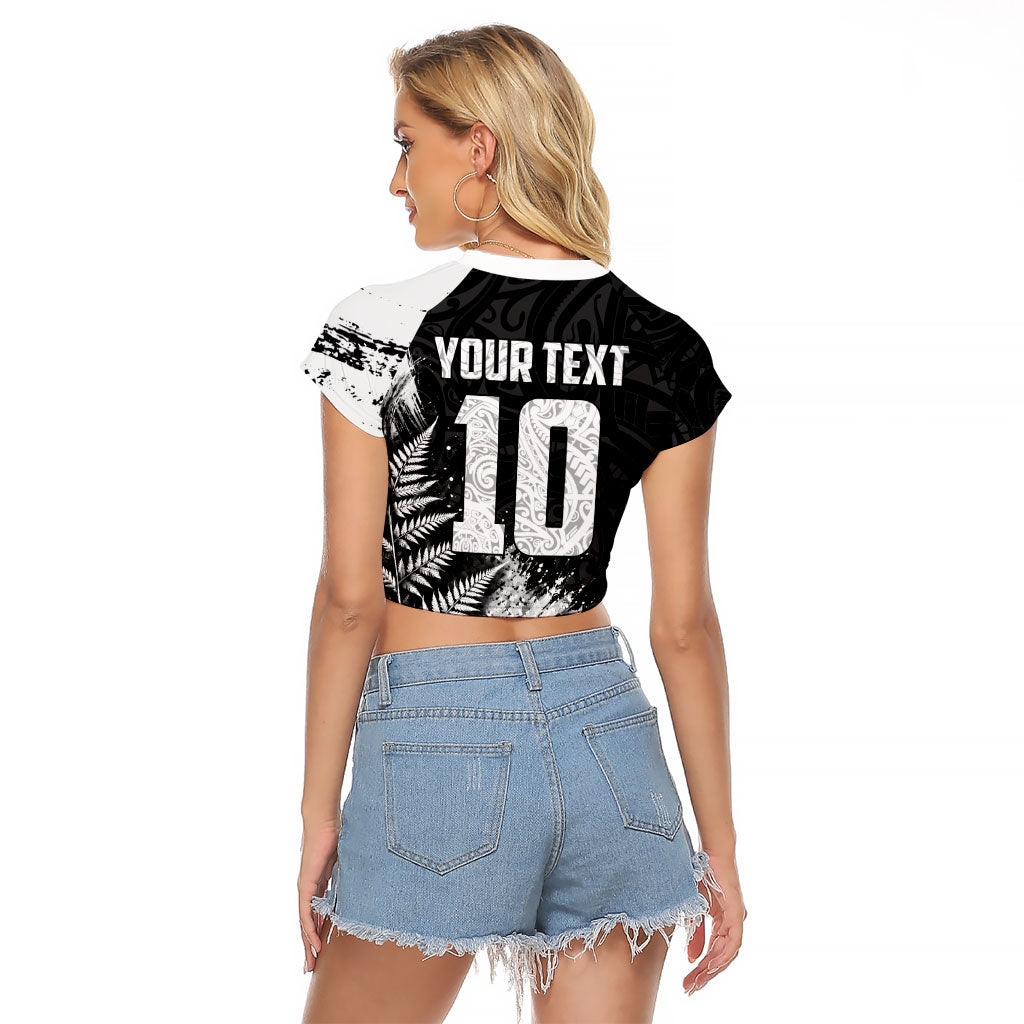 Personalized New Zealand Kiwi Bird Raglan Cropped T Shirt Grunge Maori Tribal Pattern Silver Fern