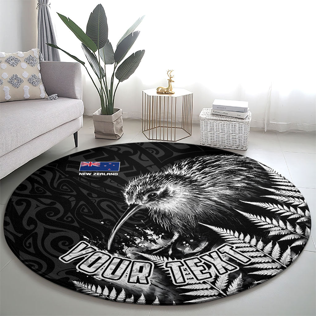 Personalized New Zealand Kiwi Bird Round Carpet Grunge Maori Tribal Pattern Silver Fern