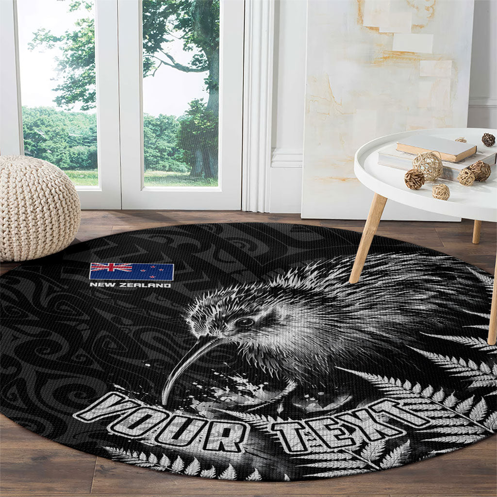 Personalized New Zealand Kiwi Bird Round Carpet Grunge Maori Tribal Pattern Silver Fern