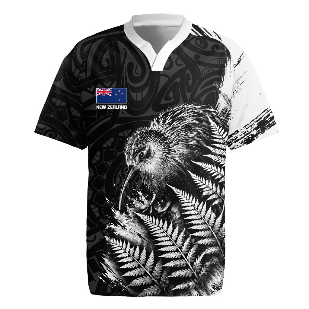 Personalized New Zealand Kiwi Bird Rugby Jersey Grunge Maori Tribal Pattern Silver Fern TS04 Black White - Polynesian Pride