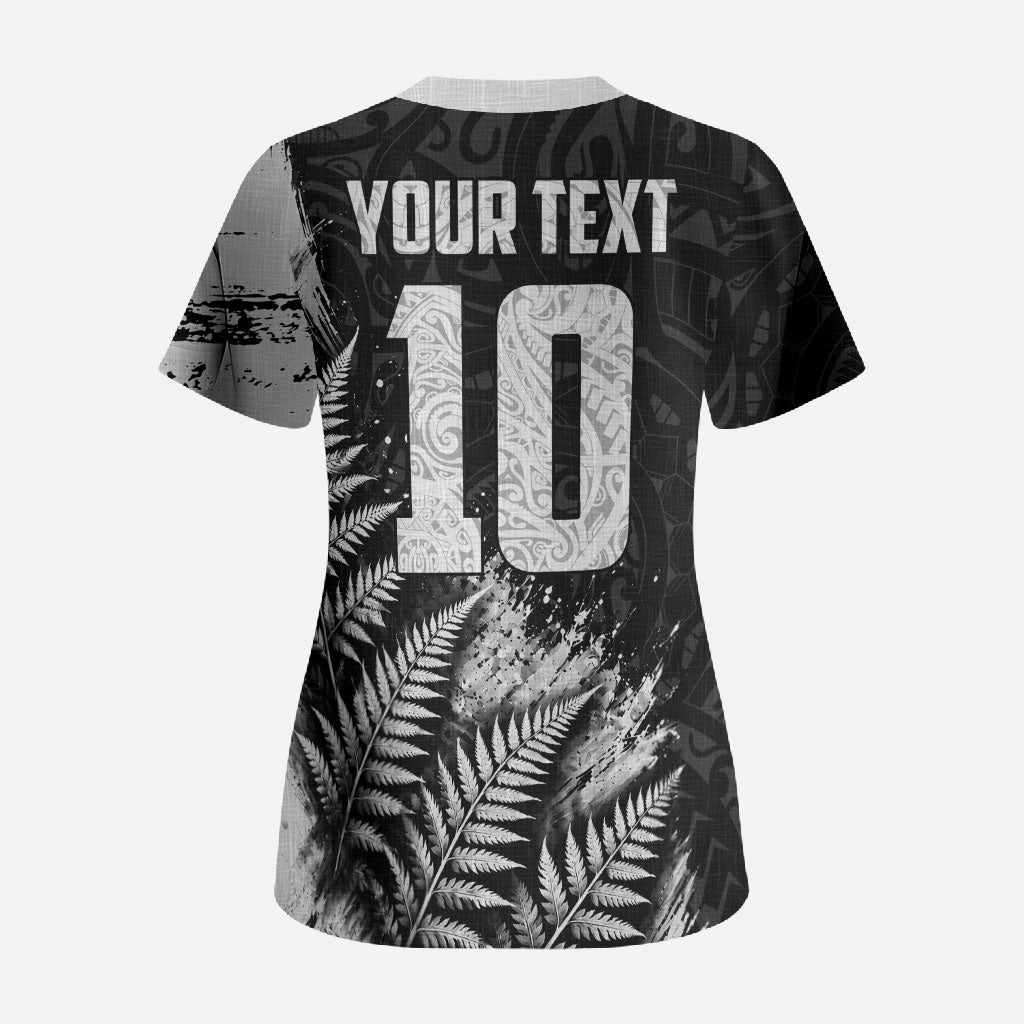 Personalized New Zealand Kiwi Bird Scrub Top Grunge Maori Tribal Pattern Silver Fern