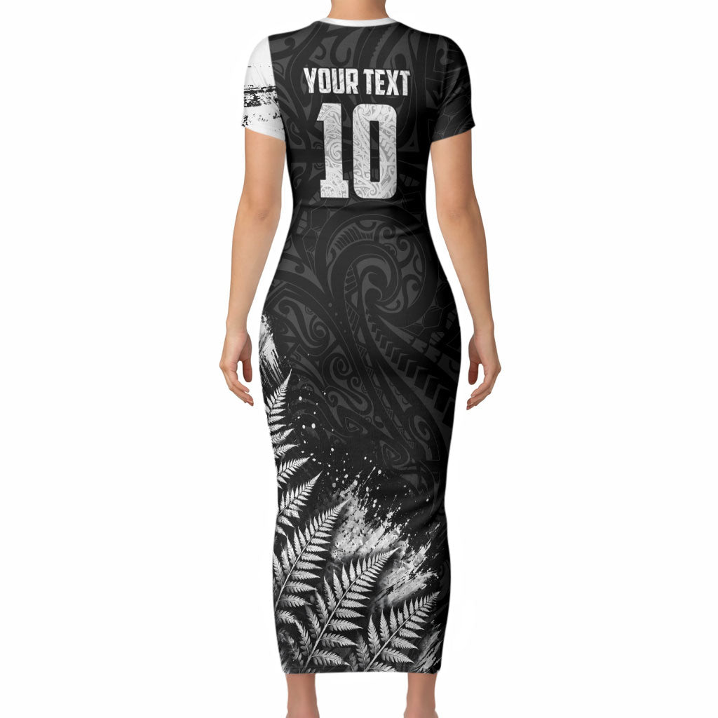 Personalized New Zealand Kiwi Bird Short Sleeve Bodycon Dress Grunge Maori Tribal Pattern Silver Fern