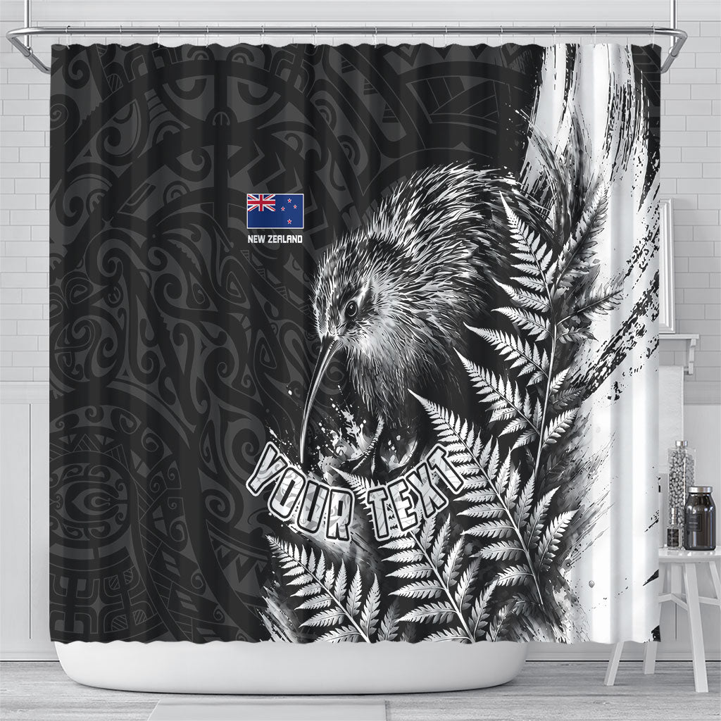 Personalized New Zealand Kiwi Bird Shower Curtain Grunge Maori Tribal Pattern Silver Fern