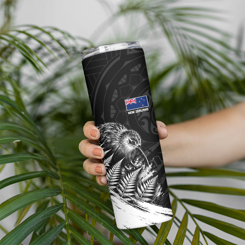 Personalized New Zealand Kiwi Bird Skinny Tumbler Grunge Maori Tribal Pattern Silver Fern