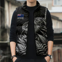 Personalized New Zealand Kiwi Bird Sleeveless Puffer Jacket Grunge Maori Tribal Pattern Silver Fern