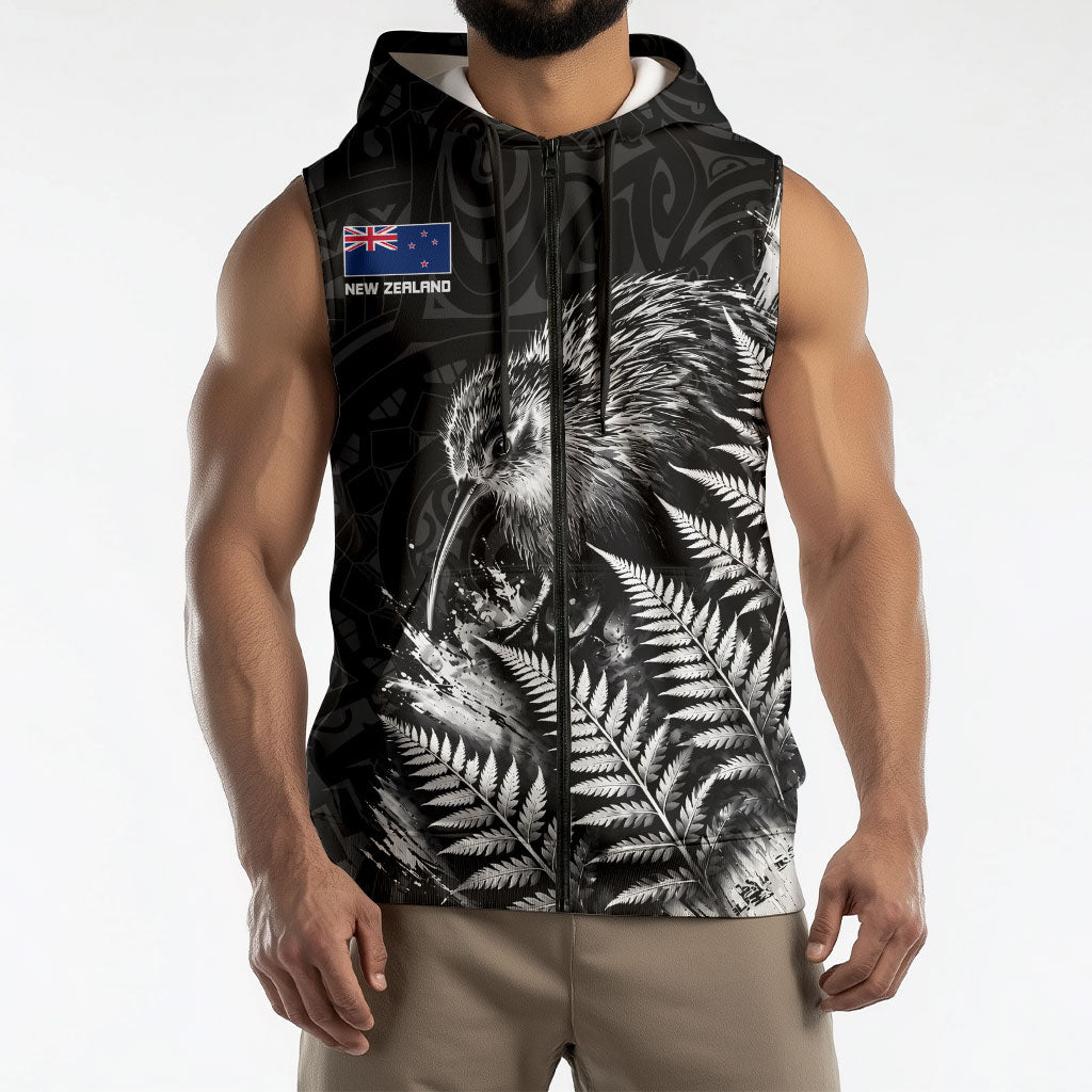 Personalized New Zealand Kiwi Bird Sleeveless Zip Hoodie Grunge Maori Tribal Pattern Silver Fern