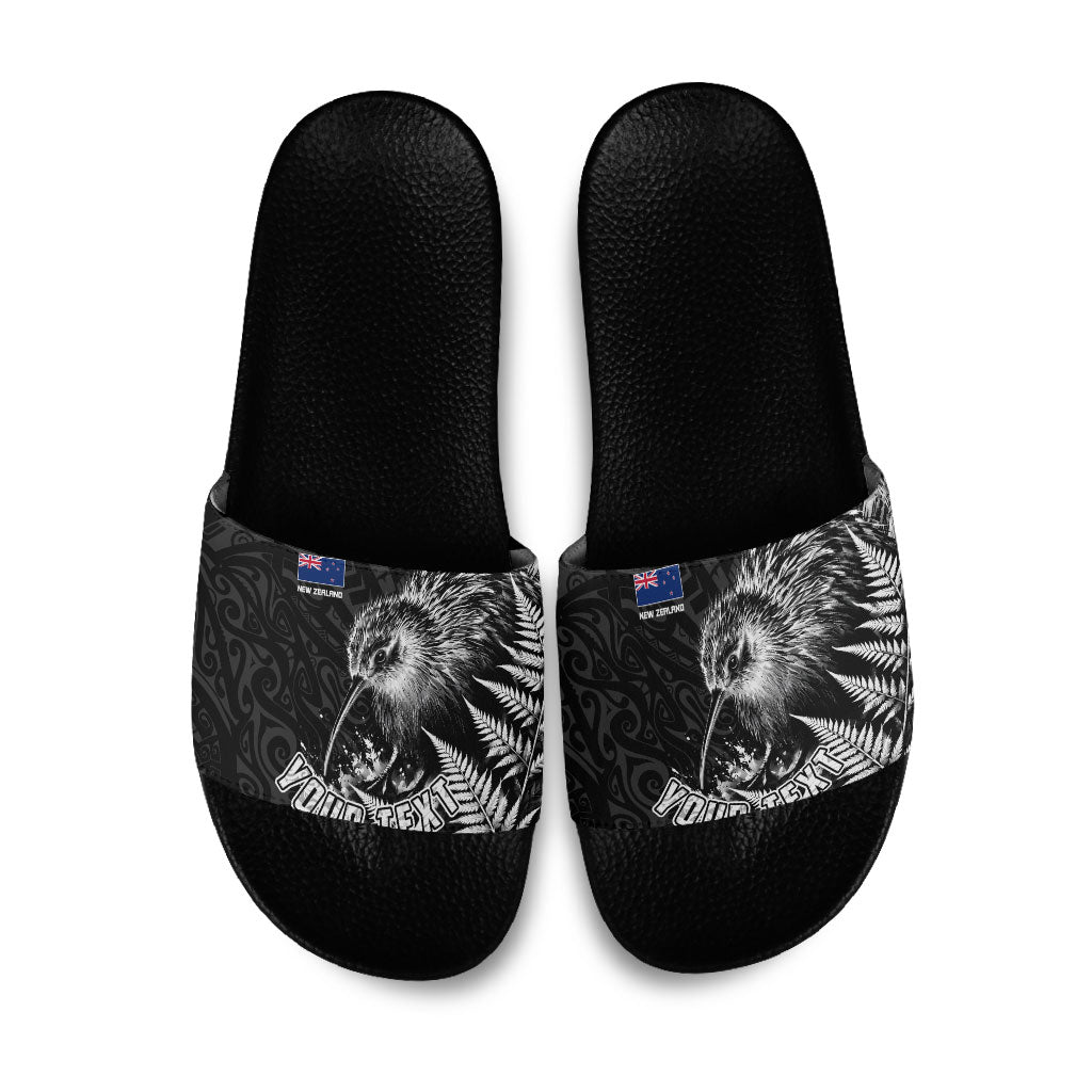 Personalized New Zealand Kiwi Bird Slide Sandals Grunge Maori Tribal Pattern Silver Fern