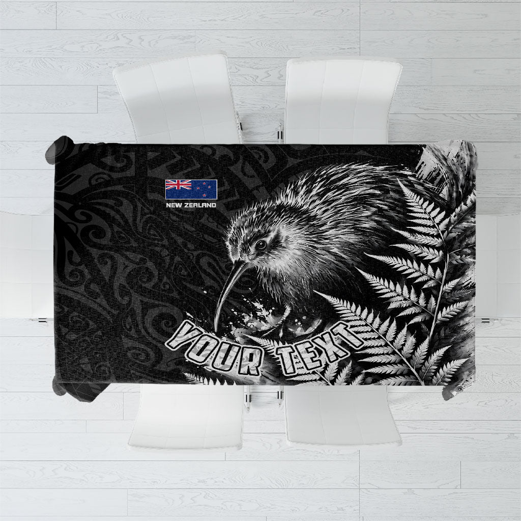 Personalized New Zealand Kiwi Bird Tablecloth Grunge Maori Tribal Pattern Silver Fern