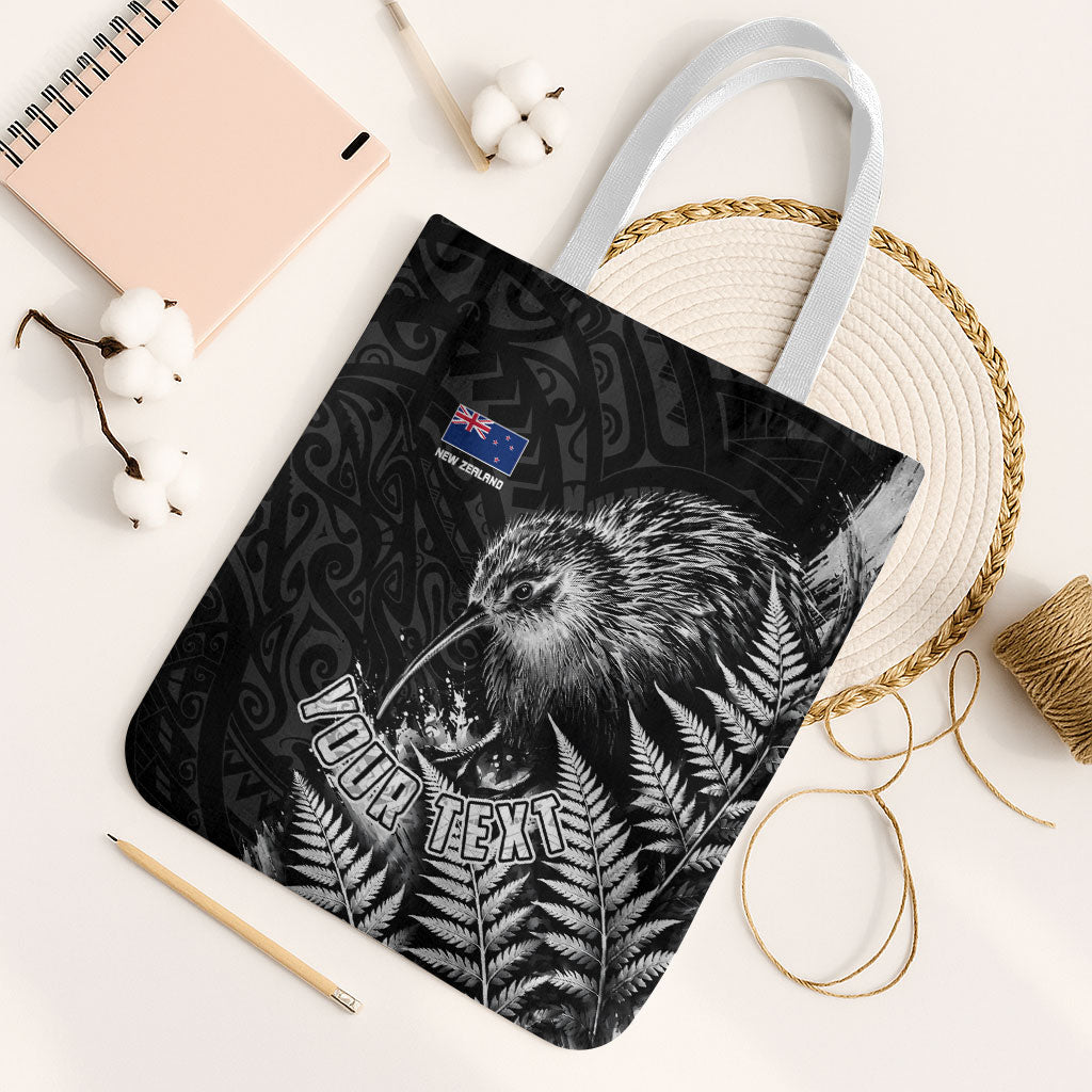 Personalized New Zealand Kiwi Bird Tote Bag Grunge Maori Tribal Pattern Silver Fern