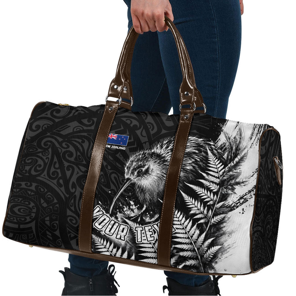 Personalized New Zealand Kiwi Bird Travel Bag Grunge Maori Tribal Pattern Silver Fern