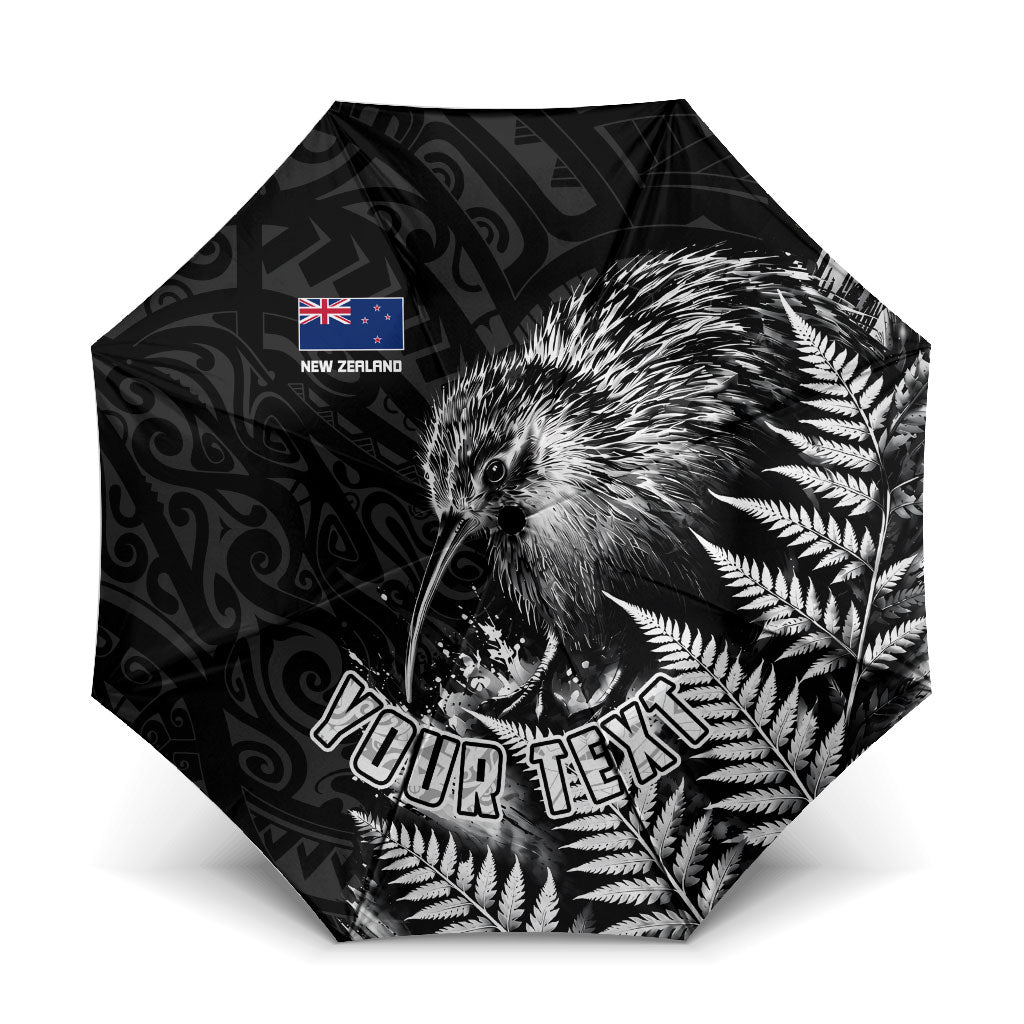 Personalized New Zealand Kiwi Bird Umbrella Grunge Maori Tribal Pattern Silver Fern TS04 One Size Folded 11.42 inch Opened Diameter 37.4 inch Black White - Polynesian Pride