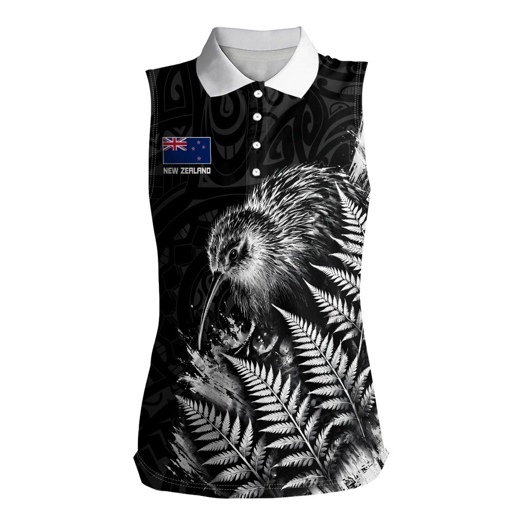Personalized New Zealand Kiwi Bird Women Sleeveless Polo Shirt Grunge Maori Tribal Pattern Silver Fern TS04 Female Black White - Polynesian Pride