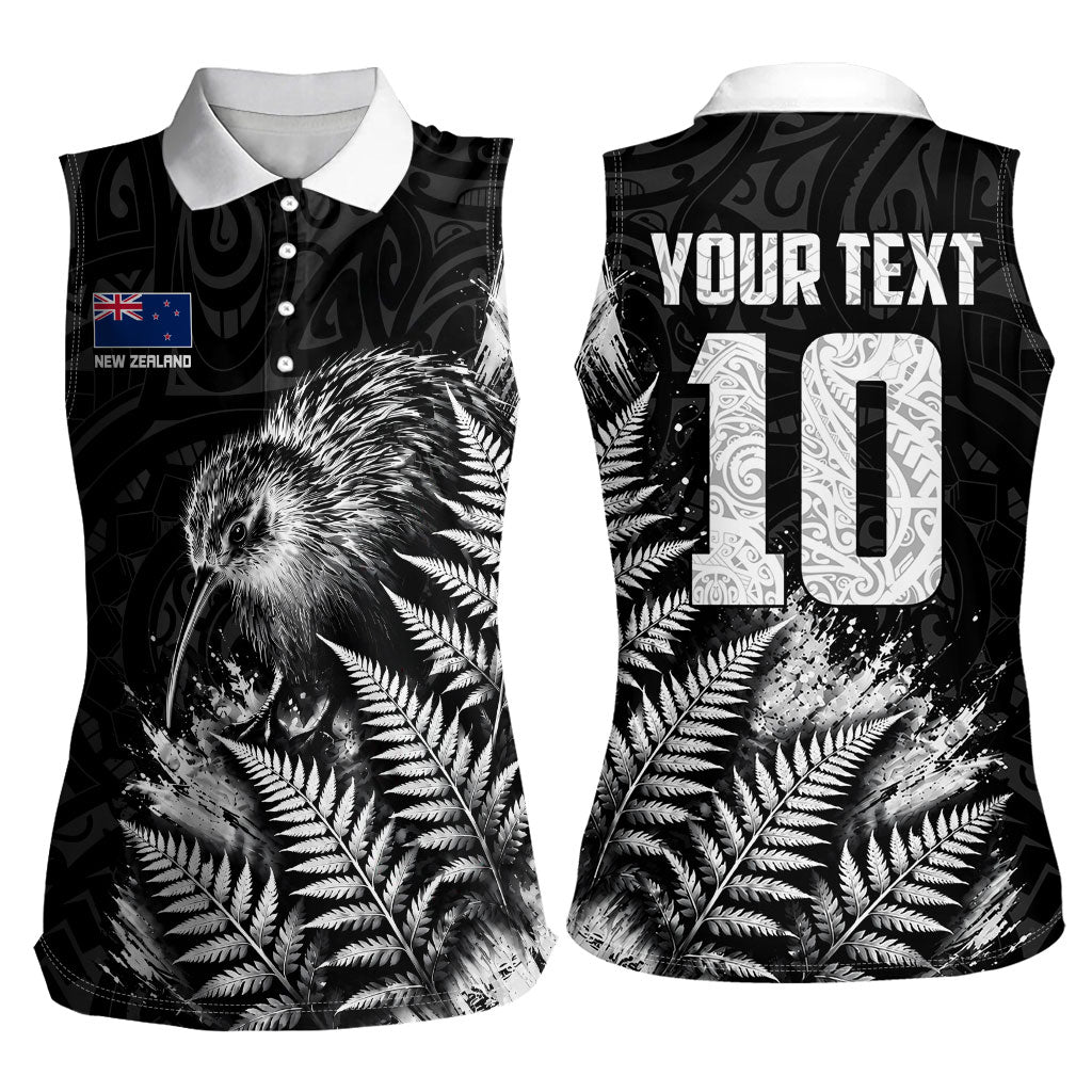 Personalized New Zealand Kiwi Bird Women Sleeveless Polo Shirt Grunge Maori Tribal Pattern Silver Fern