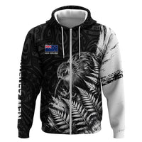 Personalized New Zealand Kiwi Bird Zip Hoodie Grunge Maori Tribal Pattern Silver Fern