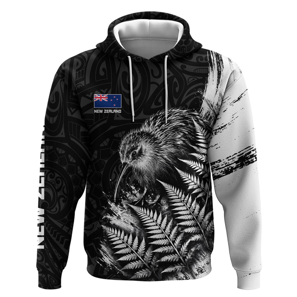 Personalized New Zealand Kiwi Bird Zip Hoodie Grunge Maori Tribal Pattern Silver Fern