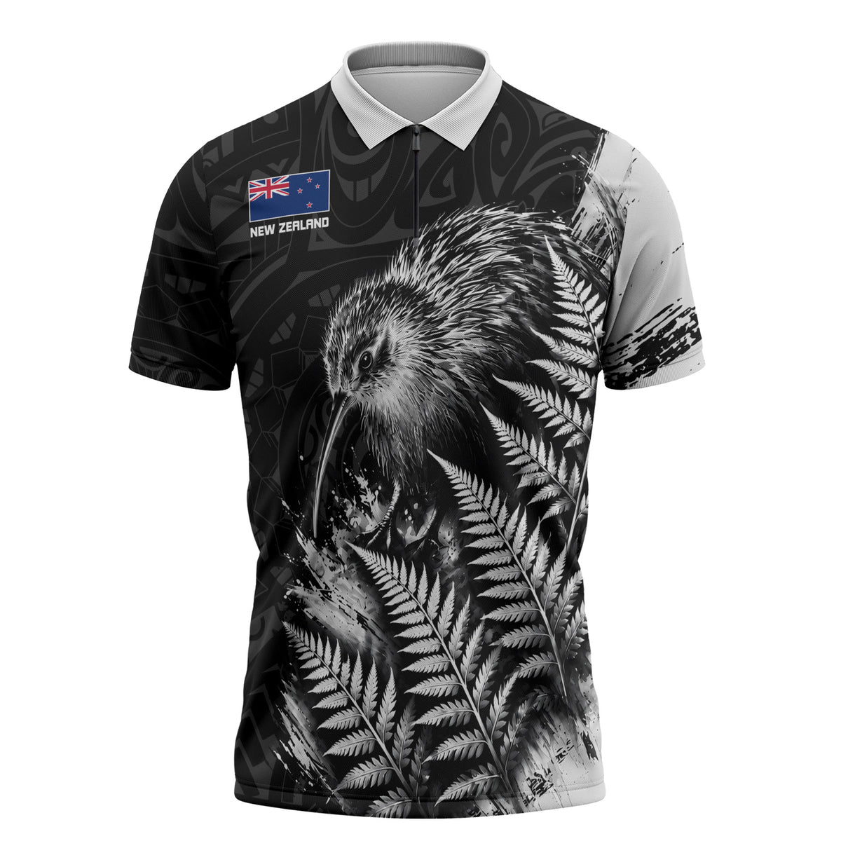 Personalized New Zealand Kiwi Bird Zipper Polo Shirt Grunge Maori Tribal Pattern Silver Fern